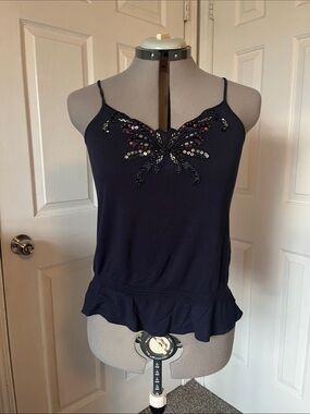 Heritage 1981 Y2K Butterfly Detail Sequin Tank Top, Navy Blue, Size M